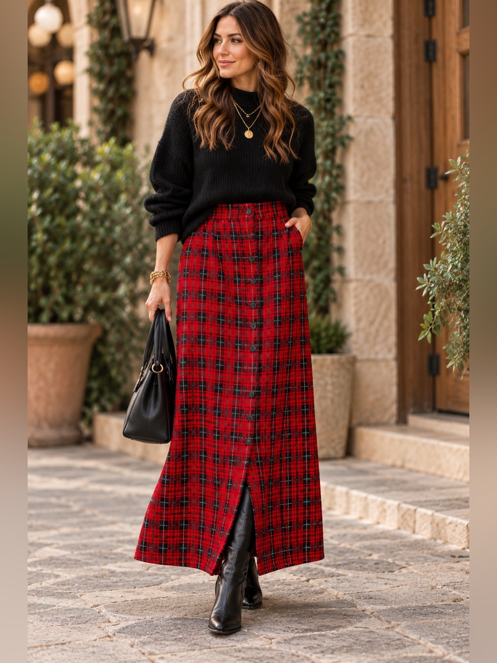 Vintage Carol Brent Red Tartan Plaid Maxi Skirt Button Front A-Line Size Medium